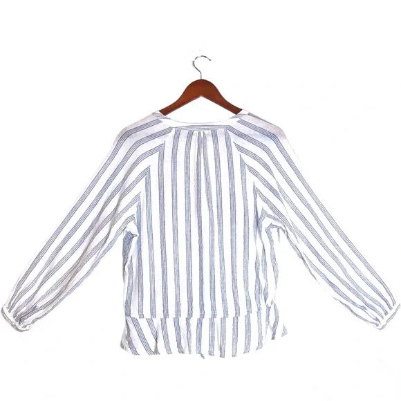 Rails Marti Cayman White/Blue Stripe Long Peasant Sleeve Linen Button Front Top - Picture 5 of 11